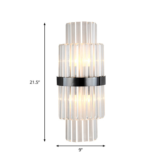 Modern Prism Crystal Wall Mount Lamp with 2 Tiers, 2 Bulbs, and Black Half-Cylinder Shade