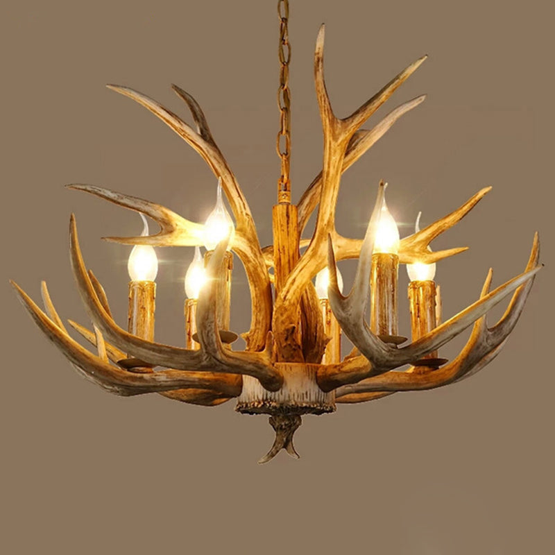 Wood Finish Antler Chandelier Lighting Rustic Resin Living Room Ceiling Suspension Lamp