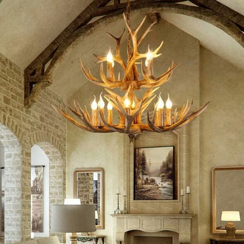 Wood Finish Antler Chandelier Lighting Rustic Resin Living Room Ceiling Suspension Lamp