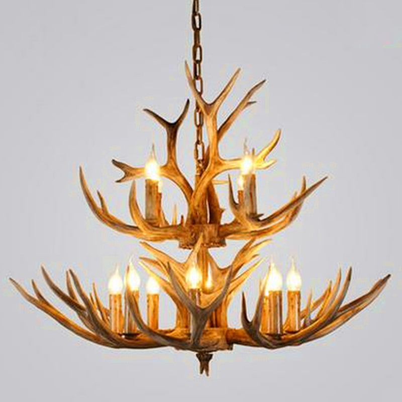 Wood Finish Antler Chandelier Lighting Rustic Resin Living Room Ceiling Suspension Lamp