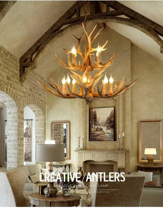 Wood Finish Antler Chandelier Lighting Rustic Resin Living Room Ceiling Suspension Lamp
