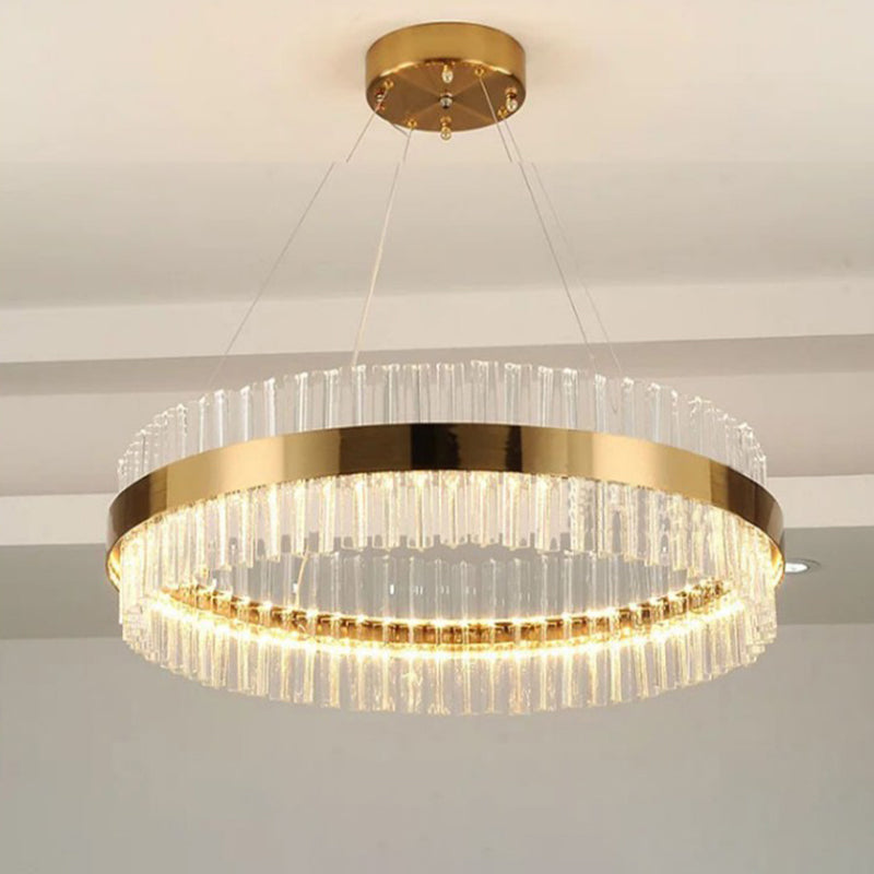 Minimalistic Crystal Gold Finish LED Round Chandelier Pendant Light for Bedroom