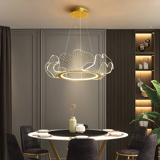 LED Acrylic Leaf Chandelier in Simplicity Gold Finish - Dining Room Pendant Light
