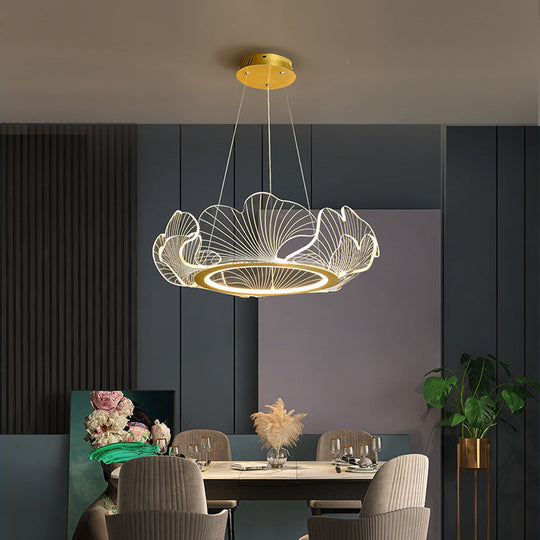 LED Acrylic Leaf Chandelier in Simplicity Gold Finish - Dining Room Pendant Light