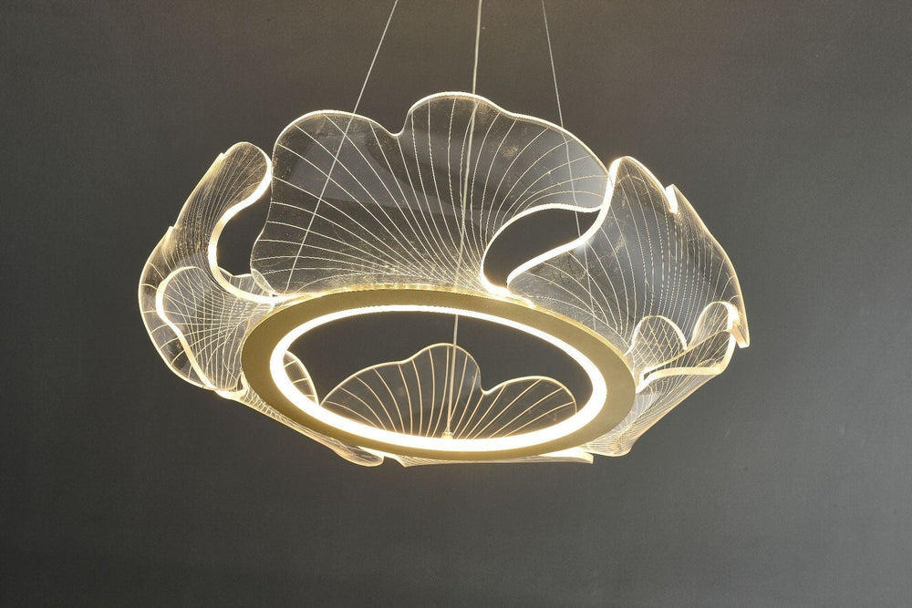 LED Acrylic Leaf Chandelier in Simplicity Gold Finish - Dining Room Pendant Light