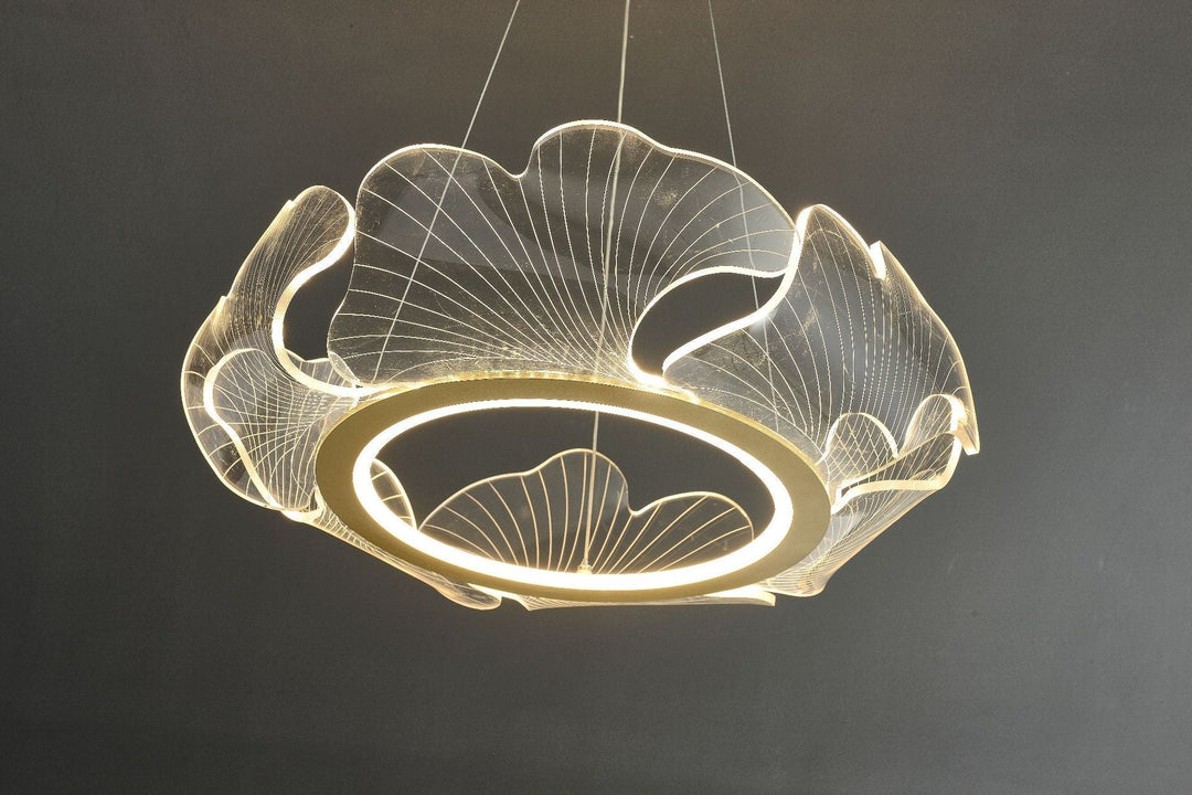 LED Acrylic Leaf Chandelier in Simplicity Gold Finish - Dining Room Pendant Light