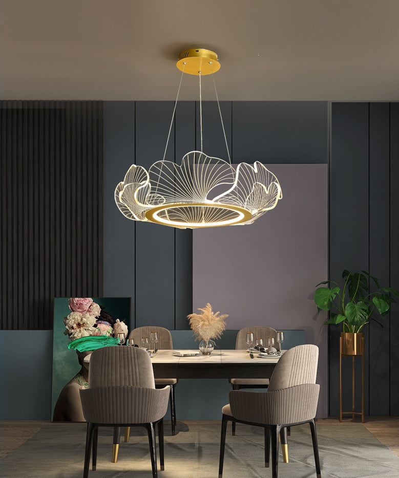 LED Acrylic Leaf Chandelier in Simplicity Gold Finish - Dining Room Pendant Light