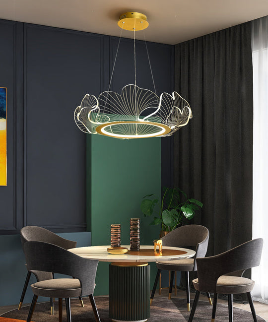 LED Acrylic Leaf Chandelier in Simplicity Gold Finish - Dining Room Pendant Light