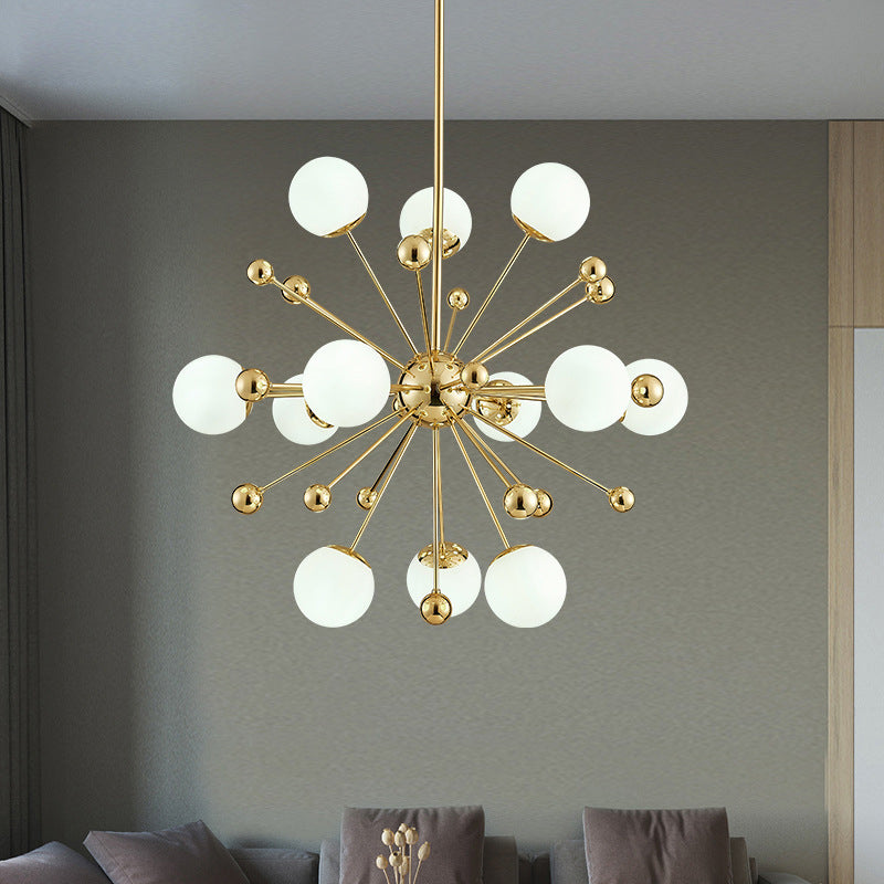 Minimalist 12-Light Cream Glass Pendant Light for Living Room - Golden Dandelion Chandelier