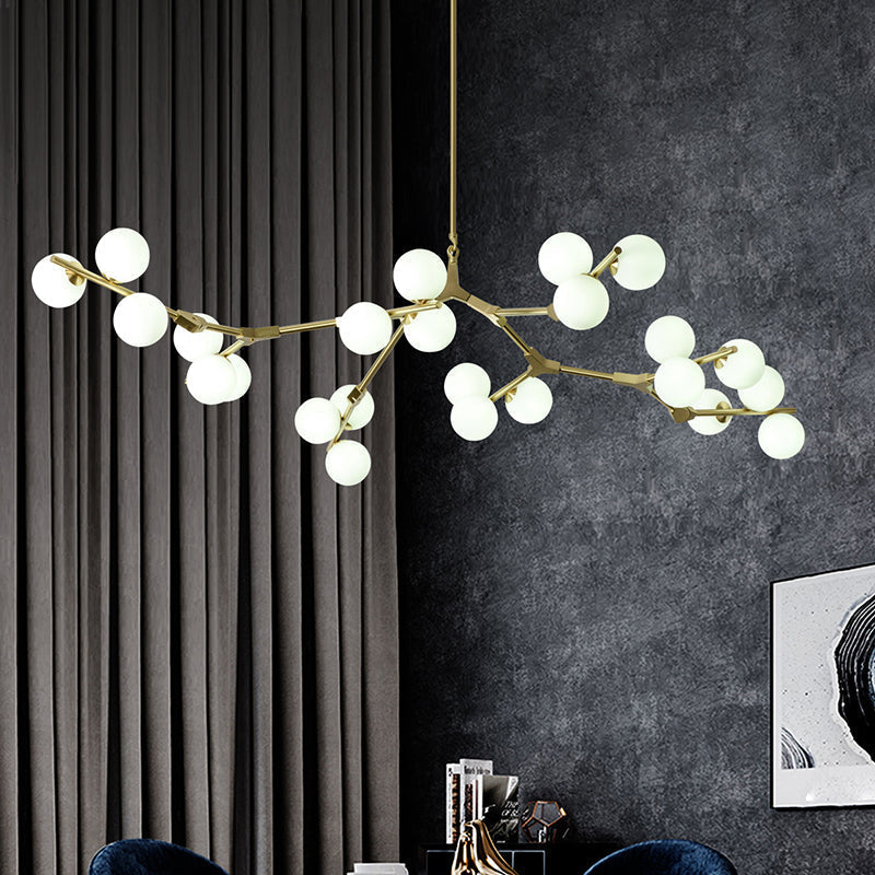 Sleek Metal Chandelier | Minimalistic Tree Branch Suspension Light with White Glass Ball Shade for Dining Room