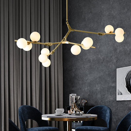 Sleek Metal Chandelier | Minimalistic Tree Branch Suspension Light with White Glass Ball Shade for Dining Room