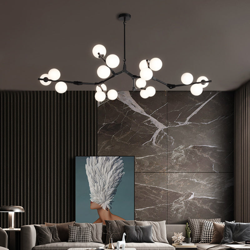 Sleek Metal Chandelier | Minimalistic Tree Branch Suspension Light with White Glass Ball Shade for Dining Room