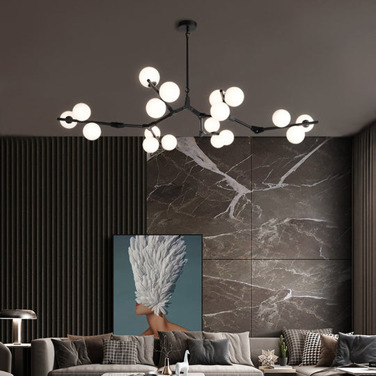 Sleek Metal Chandelier | Minimalistic Tree Branch Suspension Light with White Glass Ball Shade for Dining Room