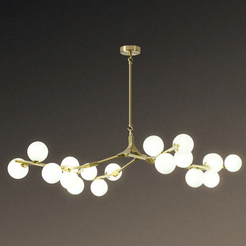 Sleek Metal Chandelier | Minimalistic Tree Branch Suspension Light with White Glass Ball Shade for Dining Room