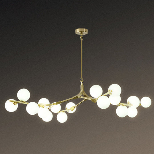 Sleek Metal Chandelier | Minimalistic Tree Branch Suspension Light with White Glass Ball Shade for Dining Room
