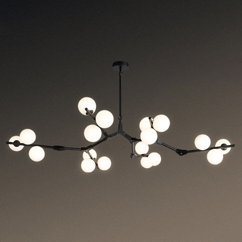 Sleek Metal Chandelier | Minimalistic Tree Branch Suspension Light with White Glass Ball Shade for Dining Room