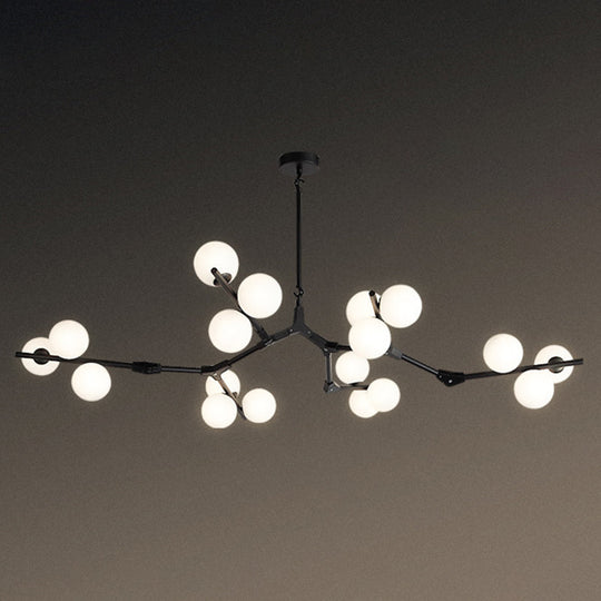 Sleek Metal Chandelier | Minimalistic Tree Branch Suspension Light with White Glass Ball Shade for Dining Room