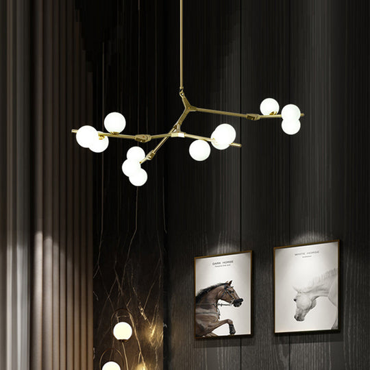 Sleek Metal Chandelier | Minimalistic Tree Branch Suspension Light with White Glass Ball Shade for Dining Room