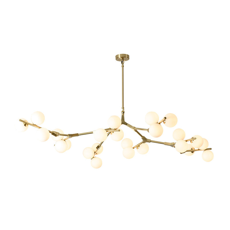 Sleek Metal Chandelier | Minimalistic Tree Branch Suspension Light with White Glass Ball Shade for Dining Room