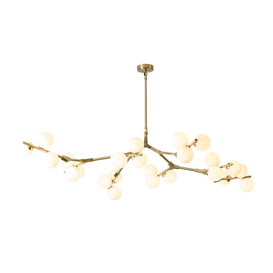 Sleek Metal Chandelier | Minimalistic Tree Branch Suspension Light with White Glass Ball Shade for Dining Room