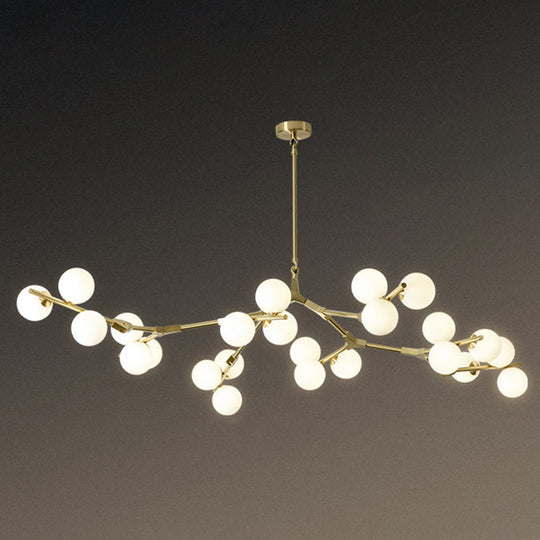 Sleek Metal Chandelier | Minimalistic Tree Branch Suspension Light with White Glass Ball Shade for Dining Room