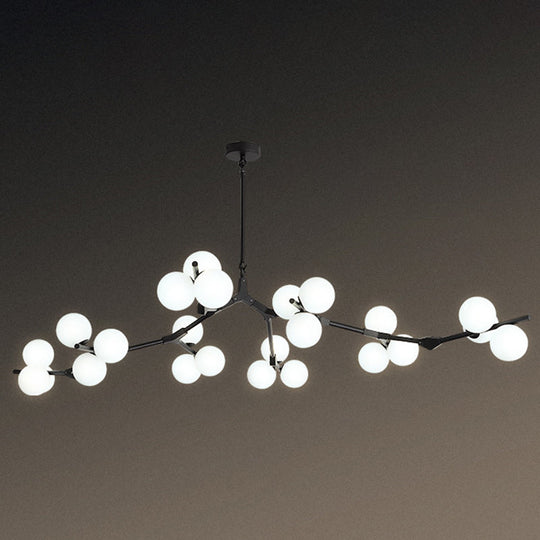 Sleek Metal Chandelier | Minimalistic Tree Branch Suspension Light with White Glass Ball Shade for Dining Room