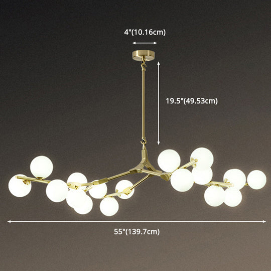 Sleek Metal Chandelier | Minimalistic Tree Branch Suspension Light with White Glass Ball Shade for Dining Room