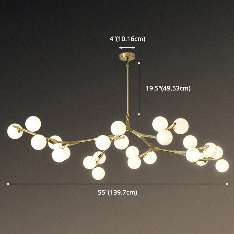 Sleek Metal Chandelier | Minimalistic Tree Branch Suspension Light with White Glass Ball Shade for Dining Room