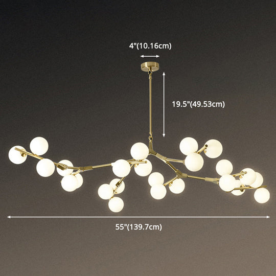 Sleek Metal Chandelier | Minimalistic Tree Branch Suspension Light with White Glass Ball Shade for Dining Room