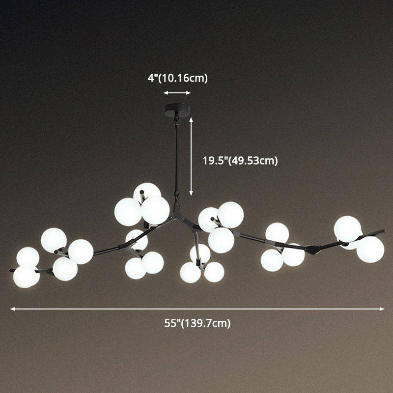 Sleek Metal Chandelier | Minimalistic Tree Branch Suspension Light with White Glass Ball Shade for Dining Room