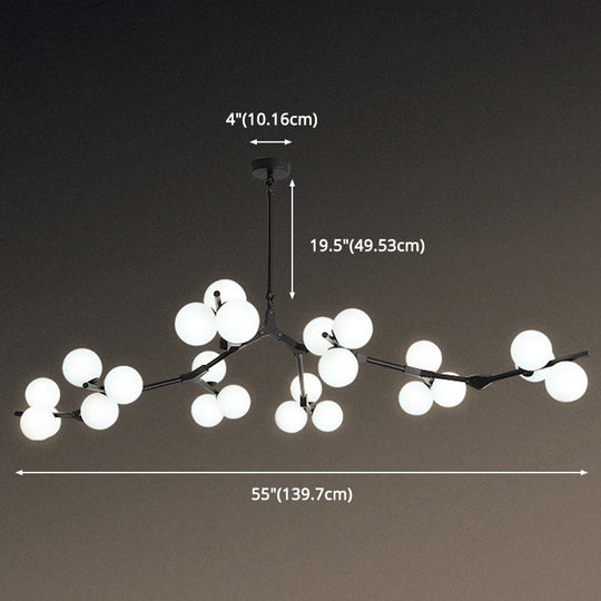 Sleek Metal Chandelier | Minimalistic Tree Branch Suspension Light with White Glass Ball Shade for Dining Room