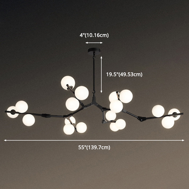 Sleek Metal Chandelier | Minimalistic Tree Branch Suspension Light with White Glass Ball Shade for Dining Room