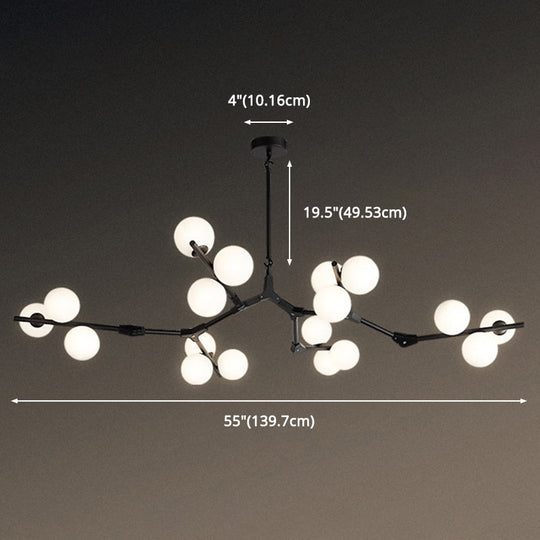 Sleek Metal Chandelier | Minimalistic Tree Branch Suspension Light with White Glass Ball Shade for Dining Room