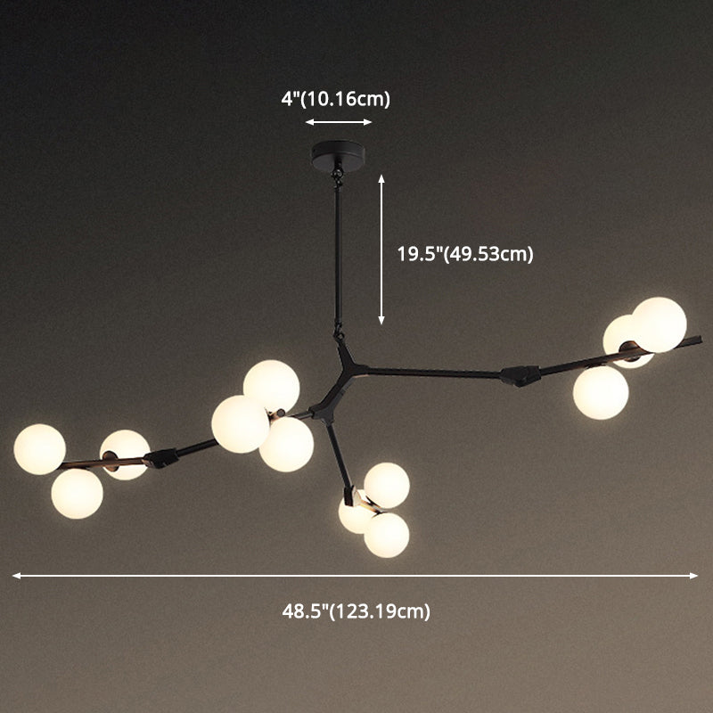 Sleek Metal Chandelier | Minimalistic Tree Branch Suspension Light with White Glass Ball Shade for Dining Room