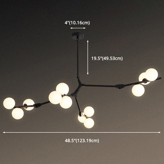 Sleek Metal Chandelier | Minimalistic Tree Branch Suspension Light with White Glass Ball Shade for Dining Room