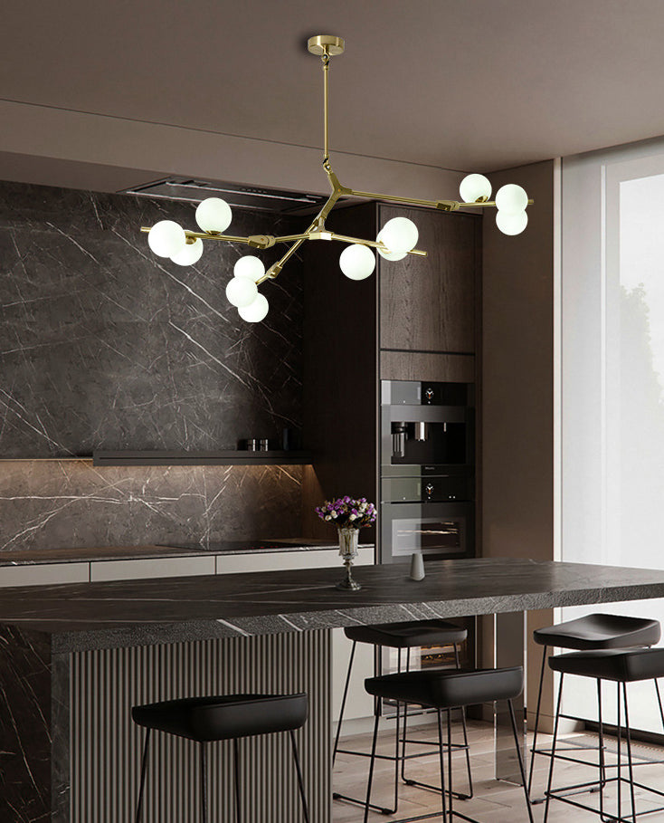 Sleek Metal Chandelier | Minimalistic Tree Branch Suspension Light with White Glass Ball Shade for Dining Room