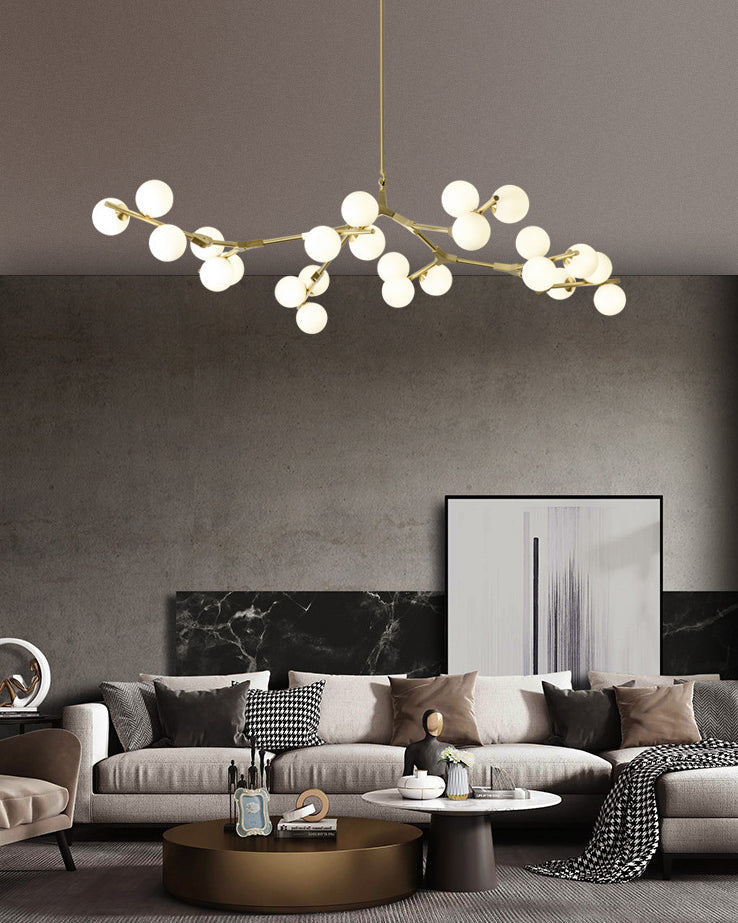Sleek Metal Chandelier | Minimalistic Tree Branch Suspension Light with White Glass Ball Shade for Dining Room