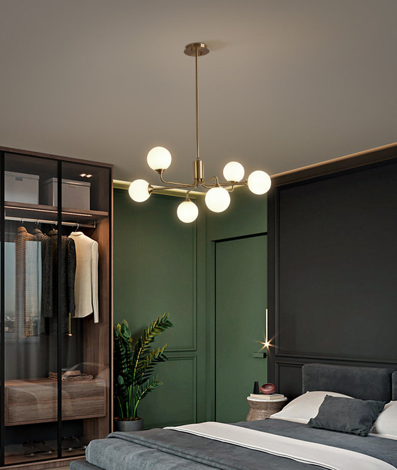 Sleek Modos Chandelier: Simplicity White Glass Ceiling Light with Brass Finish for Living Room