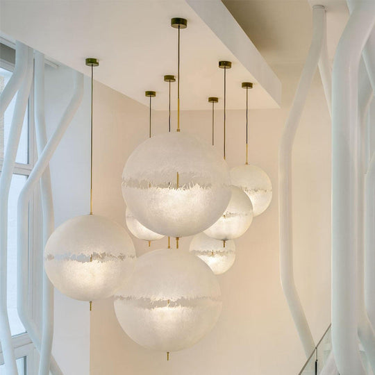 White Moon Sphere Chandelier: 1-Head Resin Pendant Light for Hallway Decor