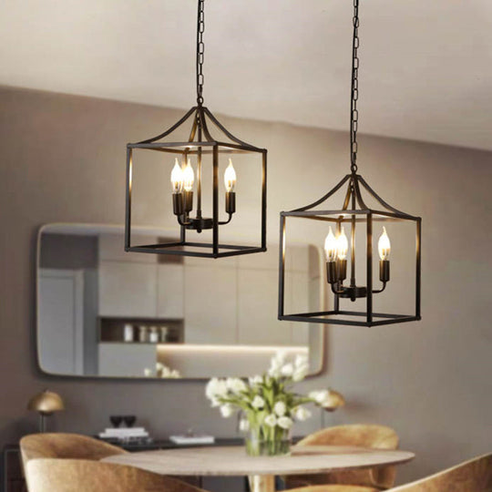 Retro Black Pendant Light: Square Cage Chandelier with 3 Lights, Metal Lamp for Dining Room
