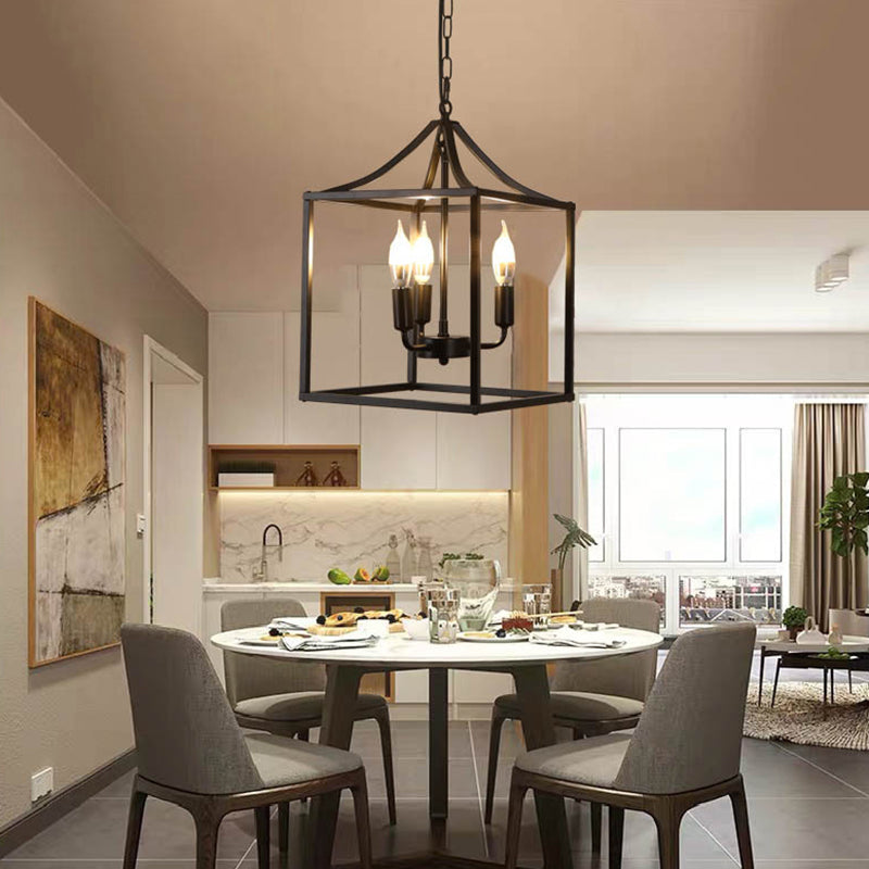 Retro Black Pendant Light: Square Cage Chandelier with 3 Lights, Metal Lamp for Dining Room