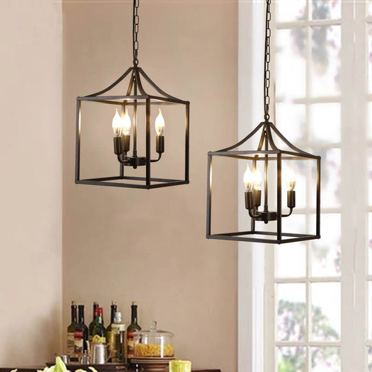Retro Black Pendant Light: Square Cage Chandelier with 3 Lights, Metal Lamp for Dining Room