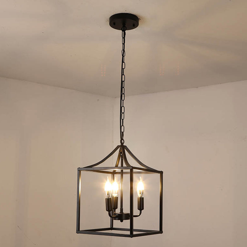 Retro Black Pendant Light: Square Cage Chandelier with 3 Lights, Metal Lamp for Dining Room