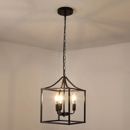 Retro Black Pendant Light: Square Cage Chandelier with 3 Lights, Metal Lamp for Dining Room
