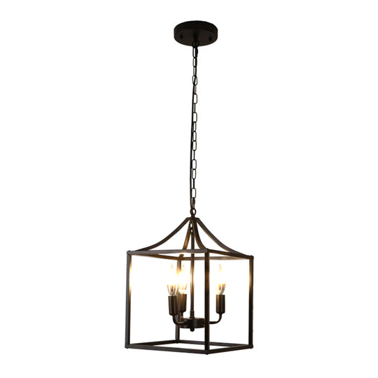 Retro Black Pendant Light: Square Cage Chandelier with 3 Lights, Metal Lamp for Dining Room