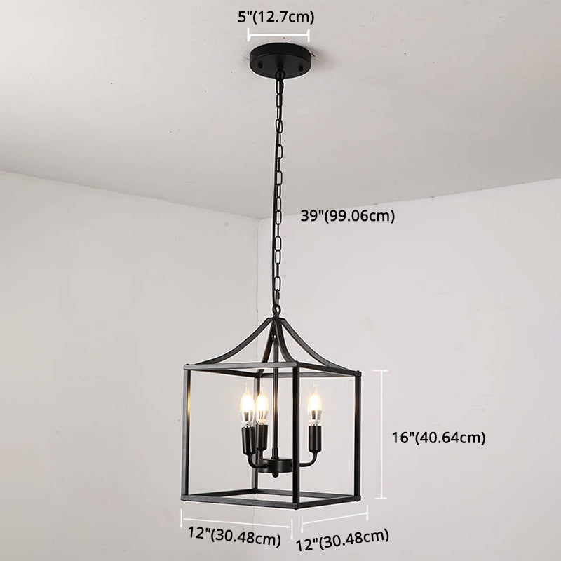 Retro Black Pendant Light: Square Cage Chandelier with 3 Lights, Metal Lamp for Dining Room