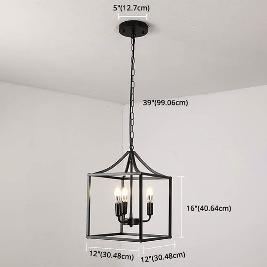 Retro Black Pendant Light: Square Cage Chandelier with 3 Lights, Metal Lamp for Dining Room