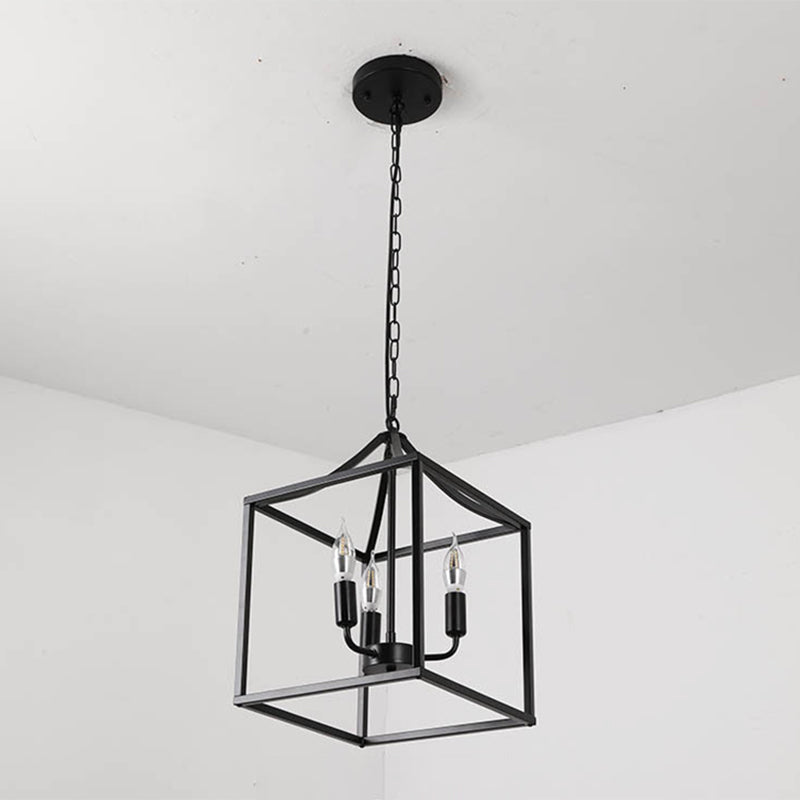 Retro Black Pendant Light: Square Cage Chandelier with 3 Lights, Metal Lamp for Dining Room
