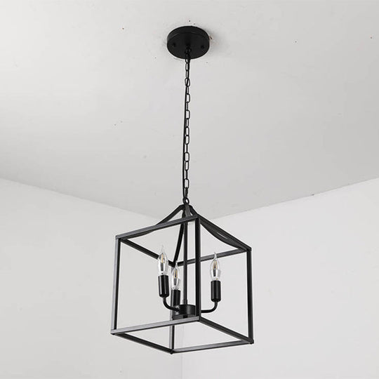 Retro Black Pendant Light: Square Cage Chandelier with 3 Lights, Metal Lamp for Dining Room