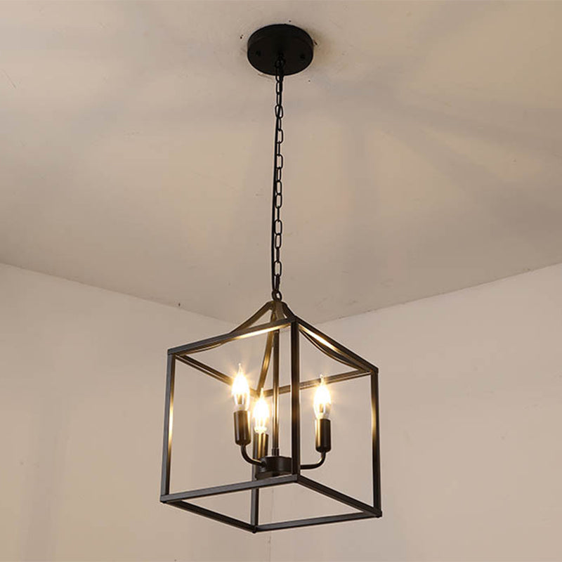 Retro Black Pendant Light: Square Cage Chandelier with 3 Lights, Metal Lamp for Dining Room